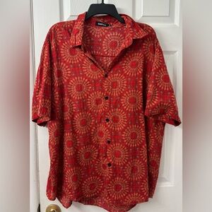 VatPave Red Geometric Print Button-Up Shirt | Boho Festival Short Sleeve